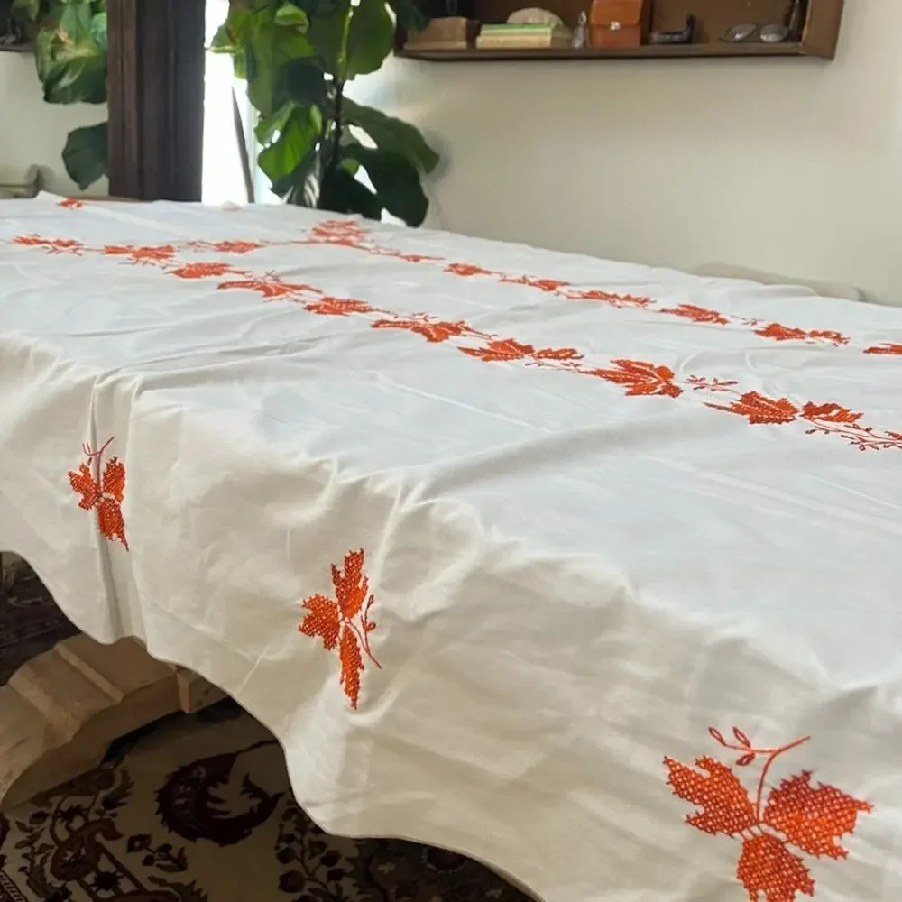 Vintage Tablecloth 57 in x 83 in Orange & Red Cross-Stitch Leaves Pattern